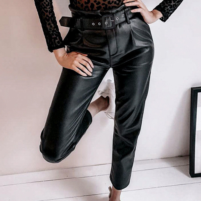 

2021 Women New Fashion Pu Pants Black Punk High Waist Blet Thin Fleece Streetwear Casual Loose Trousers Autumn and Winter X0oh