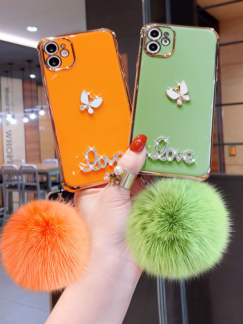 

Luxury Glitter Bling Diamond Electroplated Phone Cases Fur Ball Cover For iPhone 12 Pro 11 Promax X XR XSMAX 7 8 Plus Back Cover, Orange