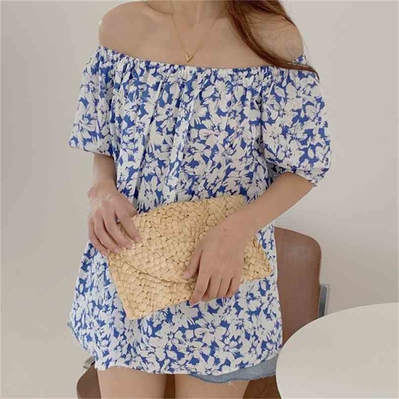 

Florals Slash Neck All Match Oversize Stylish Chic Femme Prom Loose Printing Short Sleeves Casual Tops Blouses 210525, Blue