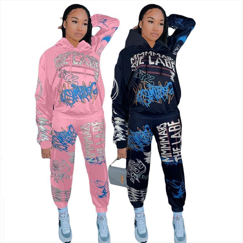 

2 piece set fall womens pants winter clothes letter print hooded jacket sport sweatsuit jogger outfit wholesale dropshipping, White