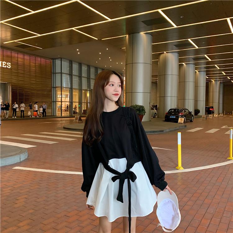 

Casual Dresses Sweet Patchwork O-neck White Black Full Spring And Autumn Korean Style Loose Mini-dress Women' Clothing High Quality Vestido