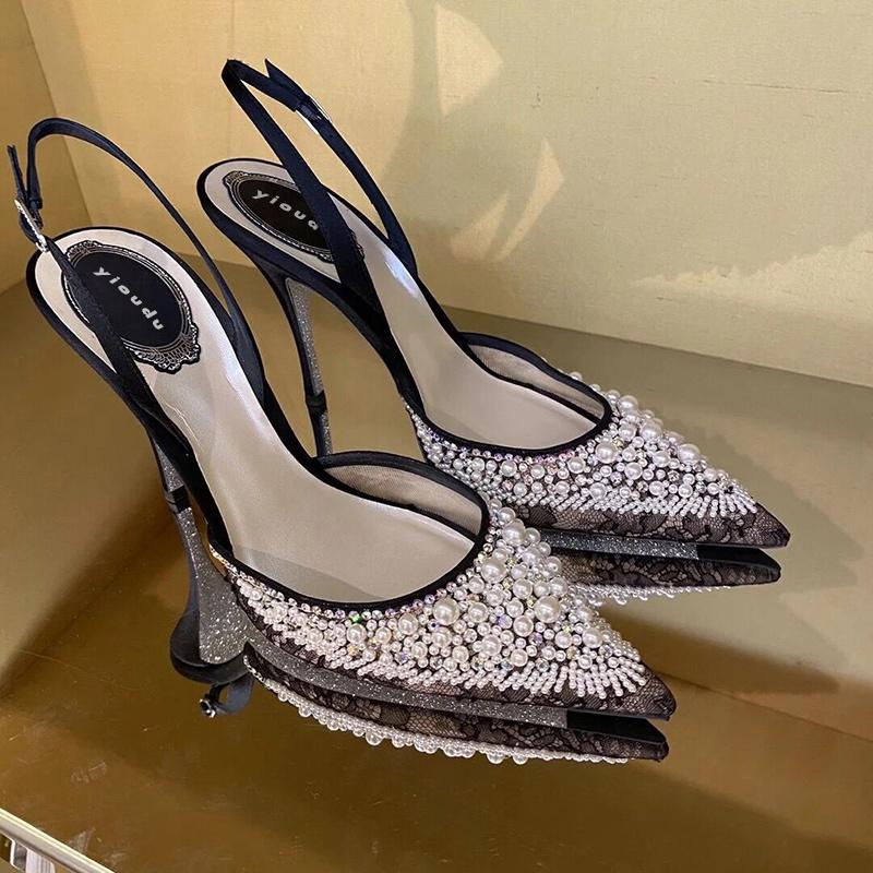 

Women Pearl High Heels 2021 Spring Summer Pointed Toe Mesh Leather Buckle Strap Slingbacks Sandals Women Wedding Party Shoes, Black