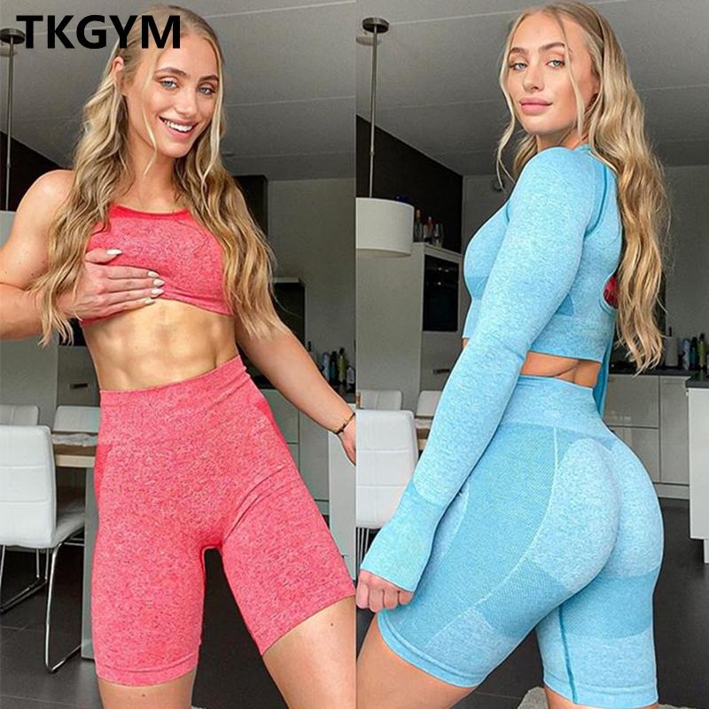 

Sport Set Women Tracksuit Gym Clothing Seamless Yoga Suit Crop Top Tights Leggings Shorts Long Sleeve Fitness Bra Sportswear, Coral red bra