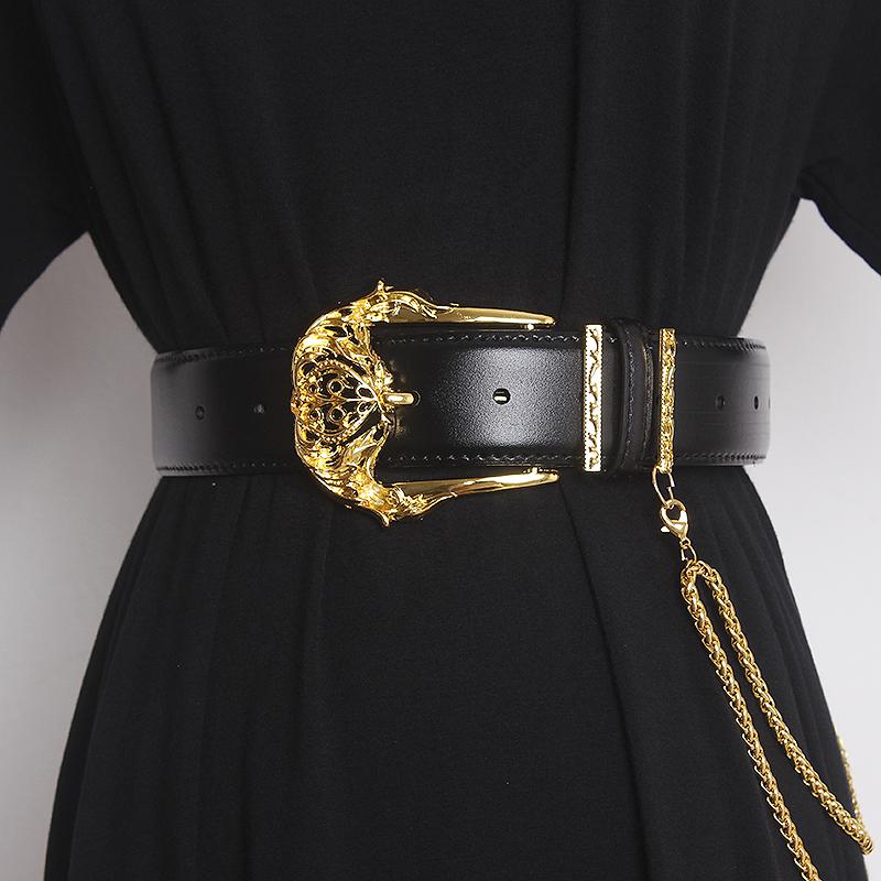 

Belts Women's Runway Fashion Gold Buckle Genuine Leather Cummerbunds Female Dress Corsets Waistband Decoration Wide Belt TB1757, Black;brown