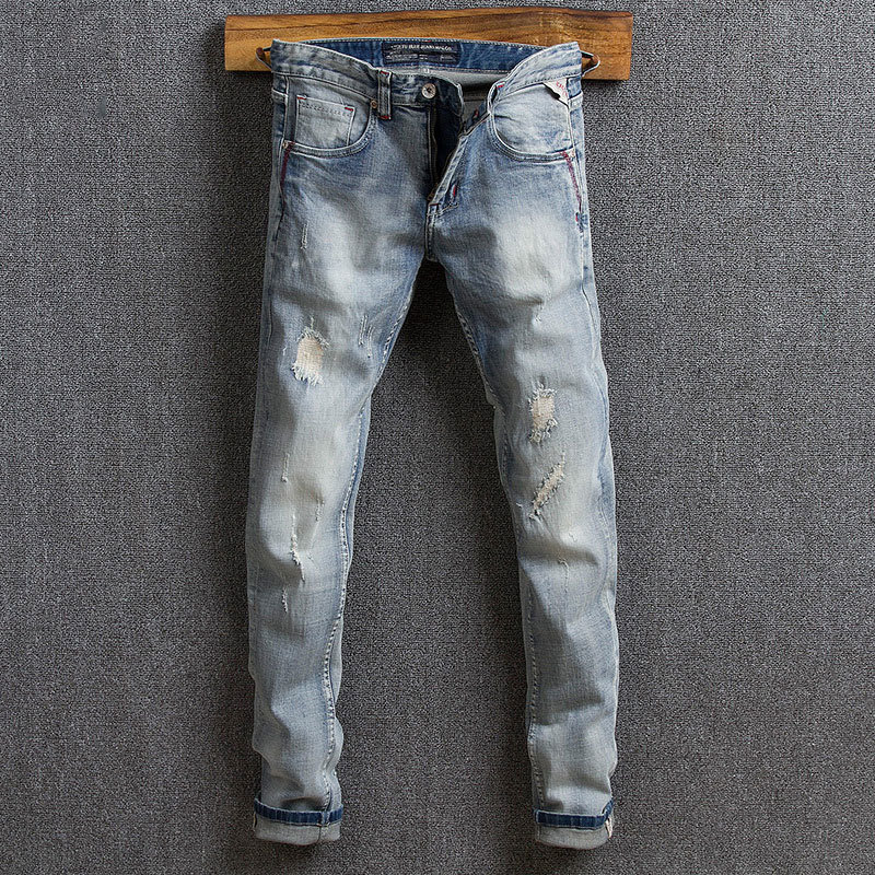 

2021 New Italian Style Fashion Light Blue Slim Fit Vintage Designer Men High Quality Streetwear Hip Hop Ripped Jeans 7dxq, Retro light blue