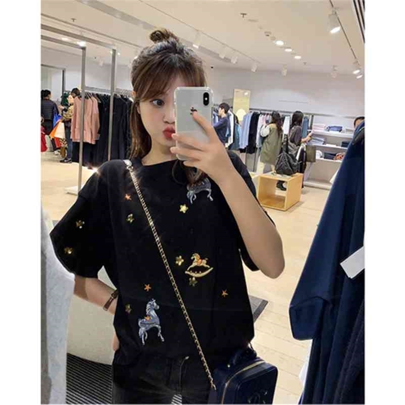 

Spring Summer Loose Long Shirt Women Fashion Sequins Embroidered shirt Round Neck Short Sleeve shirts Tee Shirts 210603, Picture color