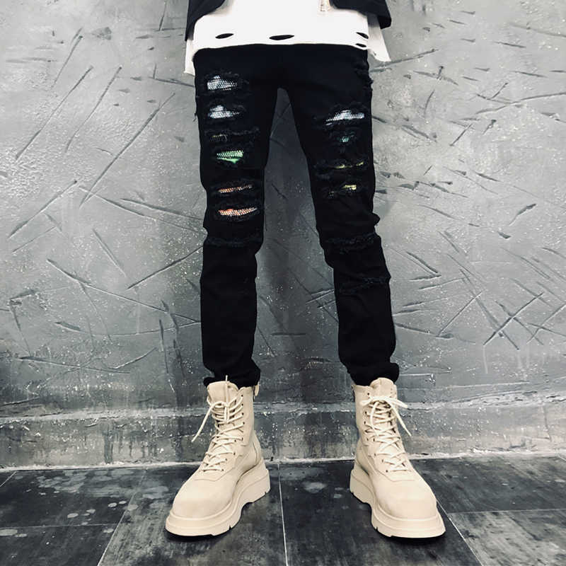 

American Streetwear Fashion Men Jeans Black Elastic Slim Fit Ripped Denim Pencil Pants Homme Patchwork Designer Hip Hop Trousers