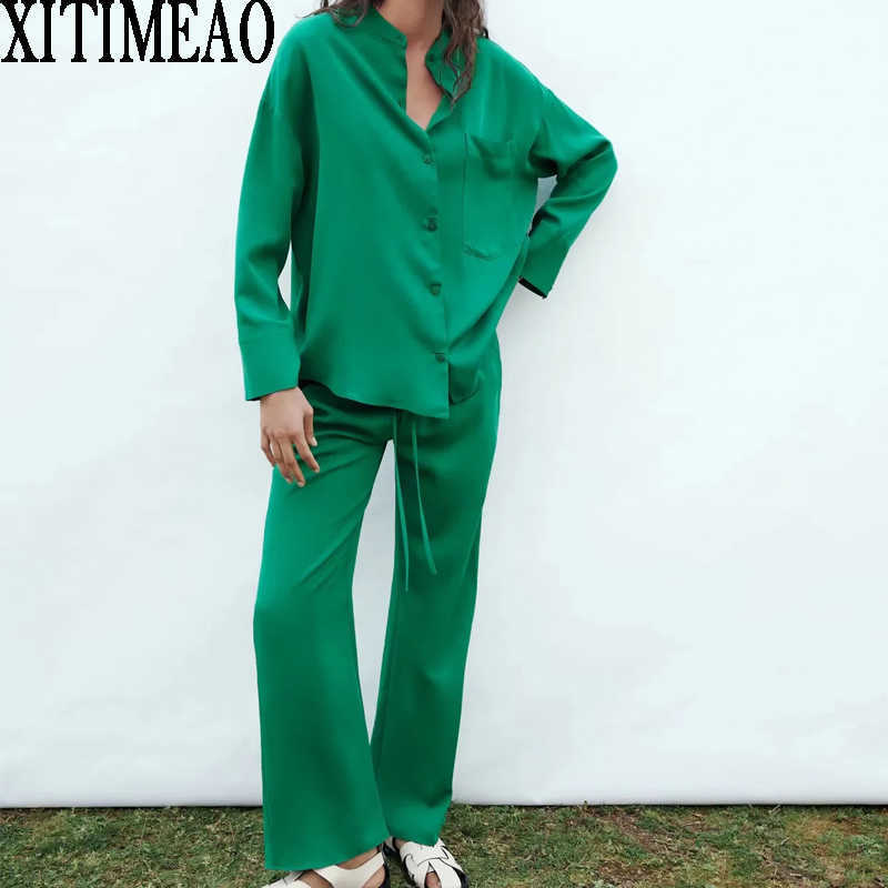 

ZA Spring Autumn Women Retro Solid Color Simple Style Loose Long Sleeve Shirt And Casual Chic Pants XITIMEAO 210602, Green shirt