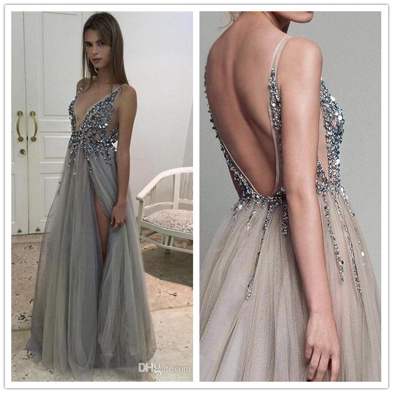 Shinning Long Evening Dress Side Split Sequins Beading Deep V Neck Sexy Dresses Wear Tulle Backless Party Prom Gowns-image-702280818