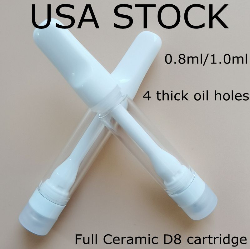 

Overnight Delivery 0.8ml 1.0ml Full Ceramic Atomizer USA Stock 1000pcs/case 510 Cartridge Snap-on Thread Empty Disposable Vape Pen D8 Carts