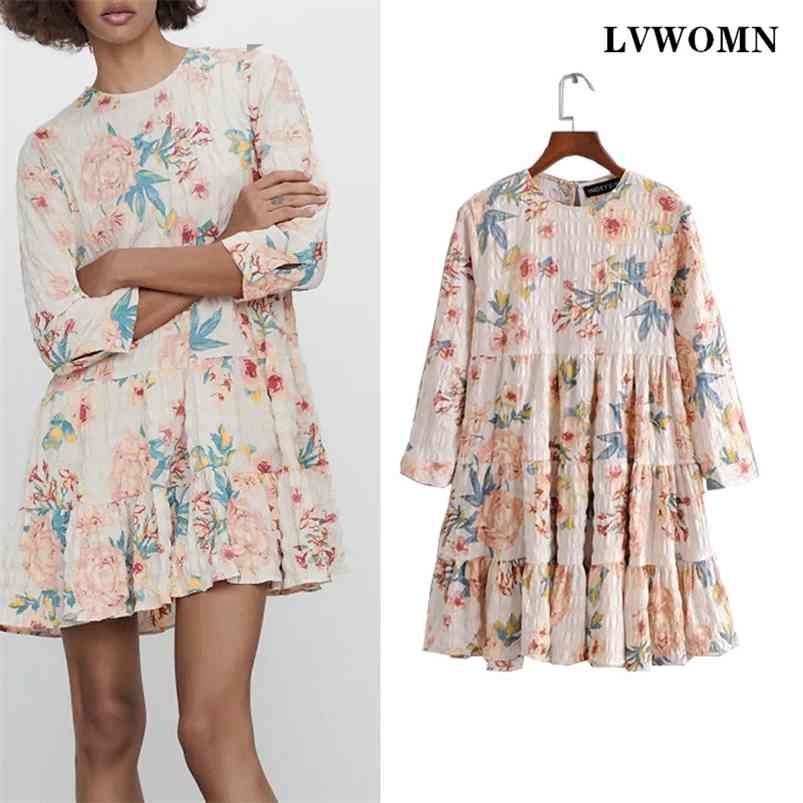 

LVWOMN Dress Women Printed Pleated Mini es Female O neck Long Sleeve Loose Vintage Fashion Summer Boho Vestidos 210701, Blue