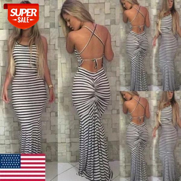 

Sexy Women's Long Maxi Pencil Summer Sleveless Backless Stripe Bodycon Party Dress US #Rv0O, Black;gray