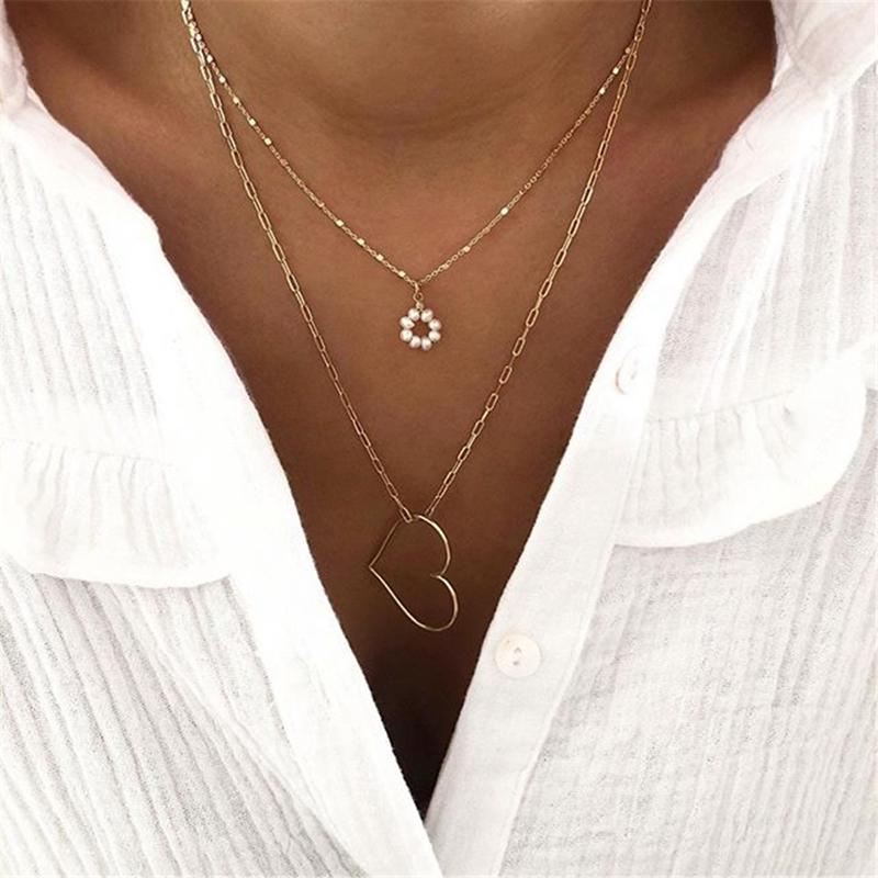 

Chokers Double Layer Necklace Retro Faux Pearl Pendant Layered Heart Long Chain Neck Jewelry Accessories