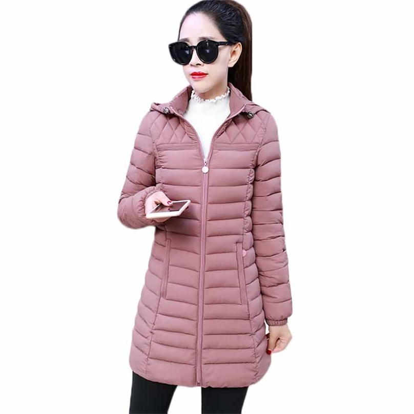 

Autumn Winter Jacket Women Parka Fashion Thin Hooded Warm Coat Cotton Padded Plus Size Slim Ladies Outerwear 6XL 211018, Pink