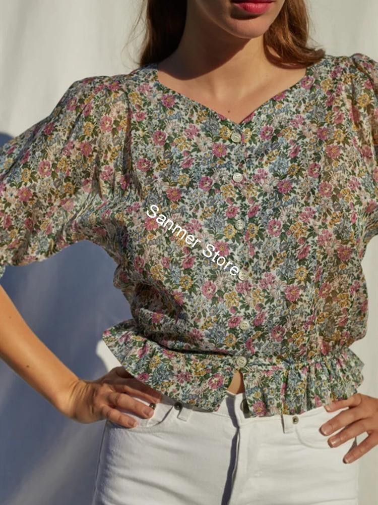 

2021 New Mulheres Camisas Retro Outono Novo Floral Impresso Babados Casual Blusa Meia Manga 0aux, Black