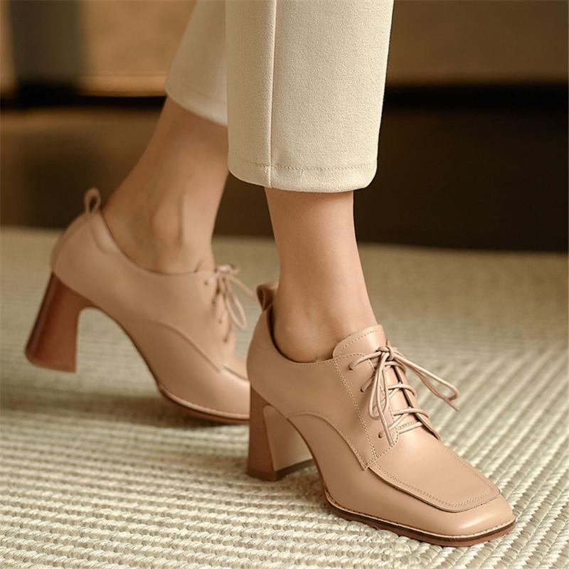 

Dress Shoes Great Quality Design Vintage Classic Lace Up Hoof High Heels Office Lady Pumps Genuine Leather Woman, Beige