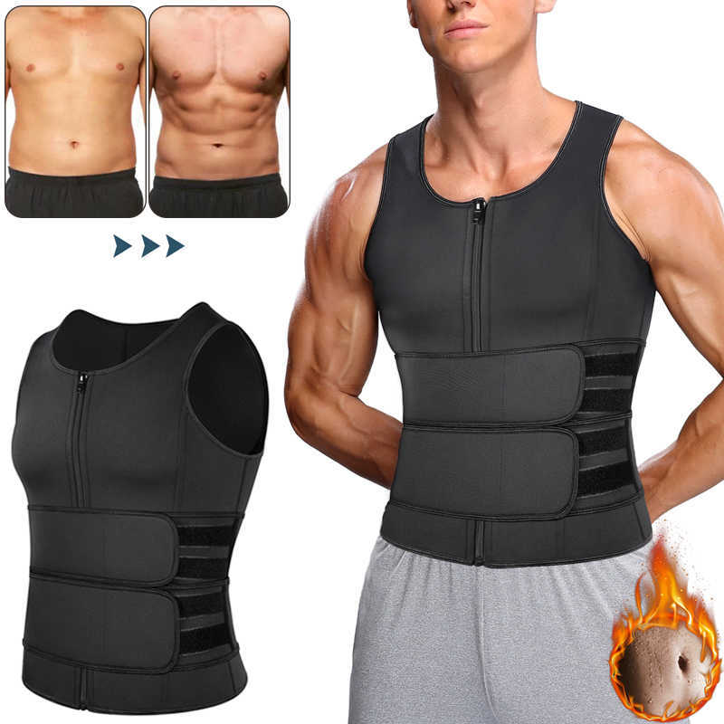 

Men's Body Shaper Waist Trainer Sauna Vest Double Belt Sweat Shirt Corset Abdomen Slimming Shapewear Fat Burn Fitness Top, Black