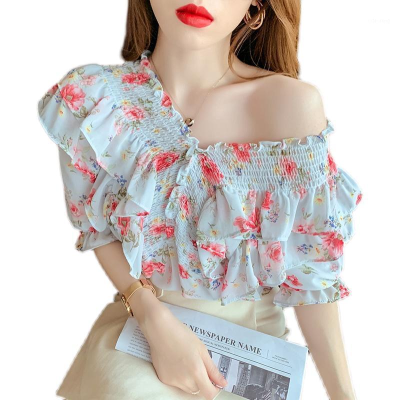 

Women' Blouses & Shirts Wholesale 2021 Spring Summer Fashion Casual Chiffon Women Shirt Woman Female OLPy Puff Sleeve Cold Shoulder Top Py1, Blue