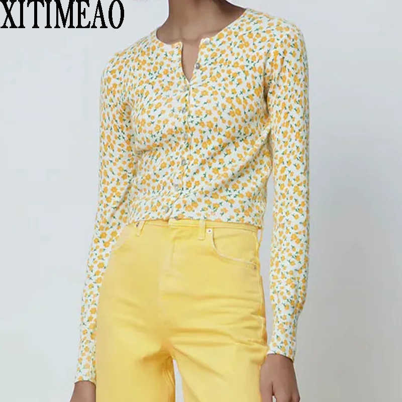 

ZA Women Fashion Floral Print Knitted Cardigan Vintage Long Sleeve Sweater Slim Short Bottomed Shirt XITIMEAO 210602, Purple
