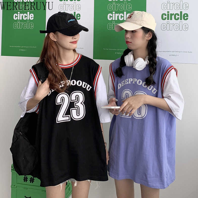 

WERUERUYU Loose Mid-length Casual Sports Basketball Uniforms Fake Two-piece Short-sleeved T-shirt Student Top 210608, Photo color