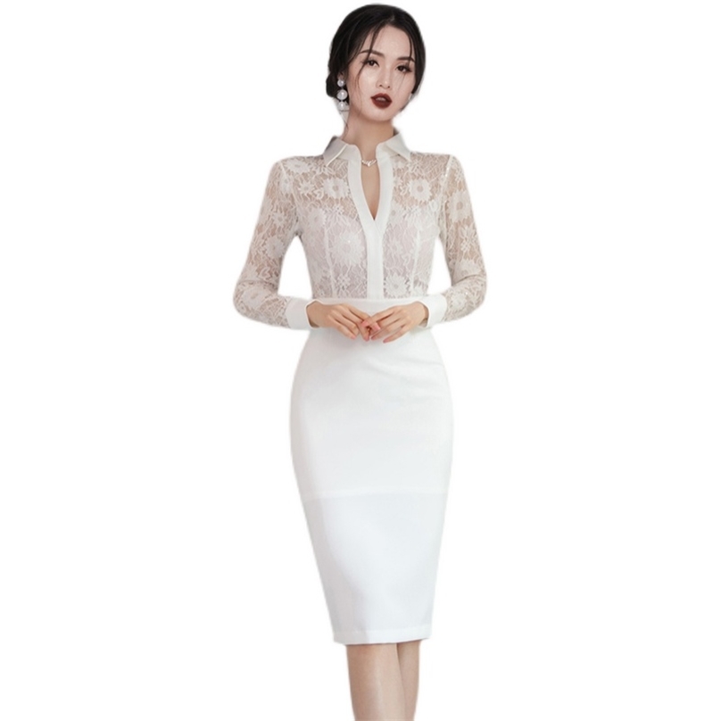 

White Lace Tight Dress korean ladies SUmmer Long sleeve party sheath shirt Dresses for women clothing 210602
