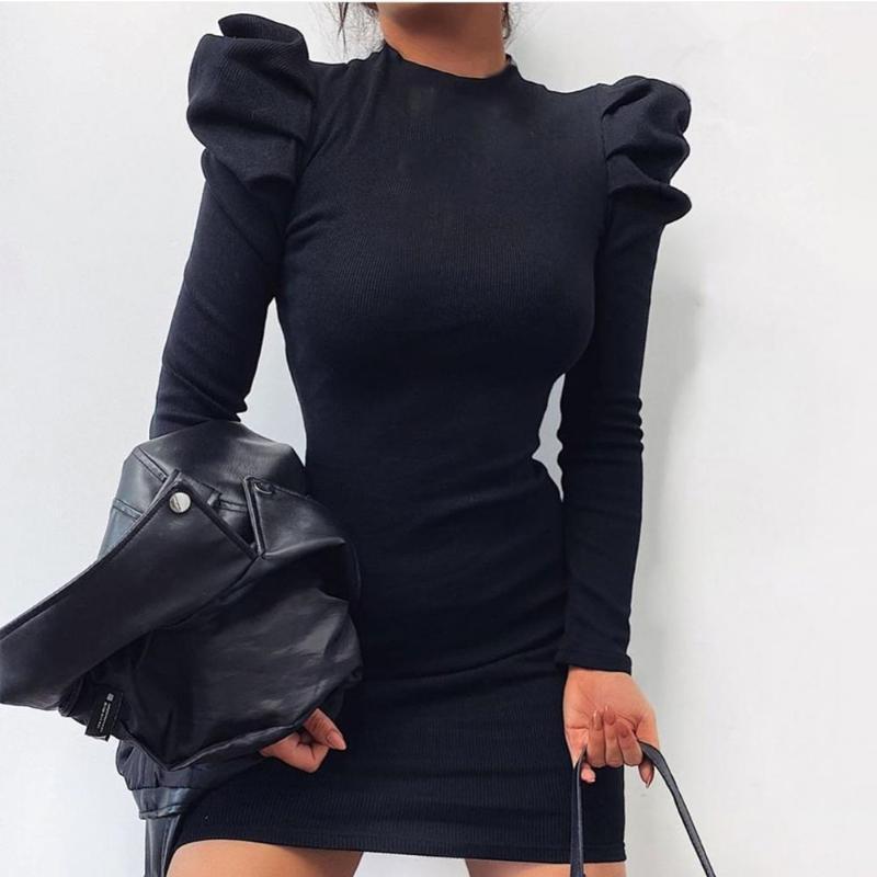 

Casual Dresses Solid Color Knitted Bodycon Mini Dress Autumn Winter Sexy Long Puff Shoulder O Neck Slim For Women Elegant, Black