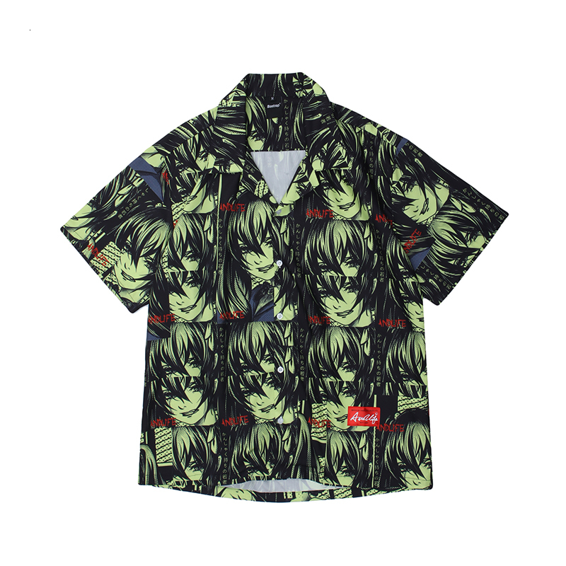 

2021 New Harajuku Cartoon Short Sleeve Oversize Summer Shirts Men and Women Lapel High Street Loose Hawaiian Shirt Hip Hop Tops Pytd, Green