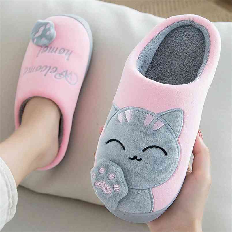 

Women Slippers 3D Embroidery Cartoon Cat Winter Warm Plush Shoes Men Ladies Couple Home Indoor/Outdoor House Fur Memory Form 210913, Blue;gray