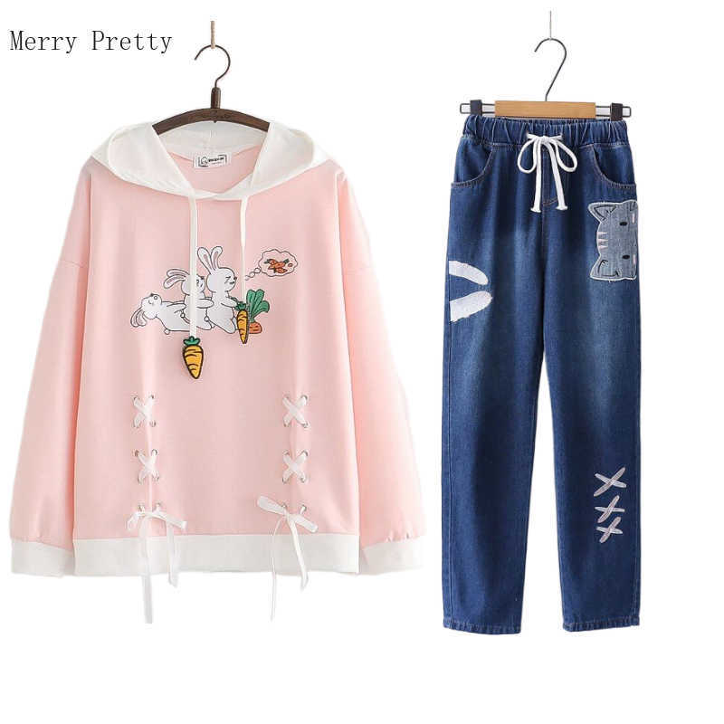 

Women Casual Sets Pant Cartoon Print Lace Up Hooded Sweatshirts with Embroidery Denim Pants Tracksuit Suit Spring Clothing 210526, Style 2