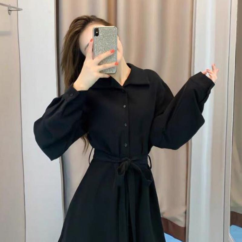 

Casual Dresses 2021 Women' Windbreaker Style Temperament Hepburn Wear Long Skirt Autumn Dress French Lace-up Waist Pretty Button Soft Cloth, Black