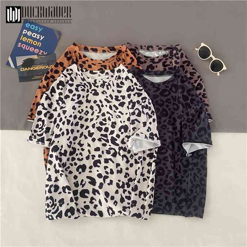 

Duckwaver Leopard Print Half-Sleeve Women T-Shirts Fashion Female Summer Comfortable Loose Tees Oversized Wild Trend 210708, Brown