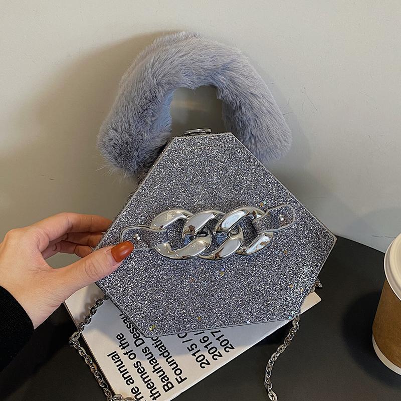 

Evening Bags Sequins Pentagon Hard Handbags With Short Handle Faux Fur Designer Small Crossbody For Women 2022 Thick Chain Shoulder Bag