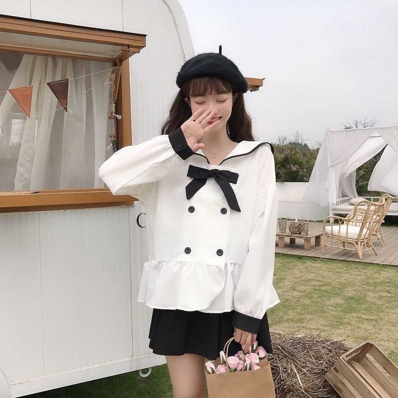 

Korean Style Chiffon Shirt Women Doll-collar Bow Double-row Buckled Lotus Leaf Side Long-sleeved Tops Soft Girl Autumn 210604, White