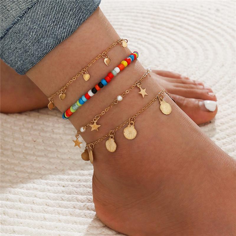

Anklets Layered Gold Shell Pendant Chain Ankle Bracelet On Leg Foot Jewelry Boho Charm For Women Accessories Mujer, Red;blue