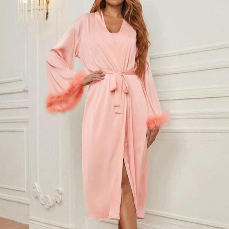 

Women' Sleepwear Restve Feathers Women Robes With Sashes Pink Flare Sleeve Home Robe Satin Spaghetti Strap Nightdress Female Casual Autumn