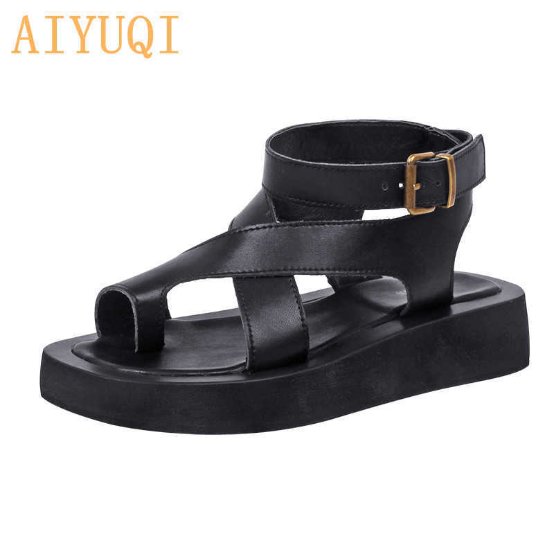 

AIYUQI Sandals Women Genuine Leather 2021 Summer New Clip Toe Sandals Ladies Roman Women Shoes Muffin Sandals Y0721, Black