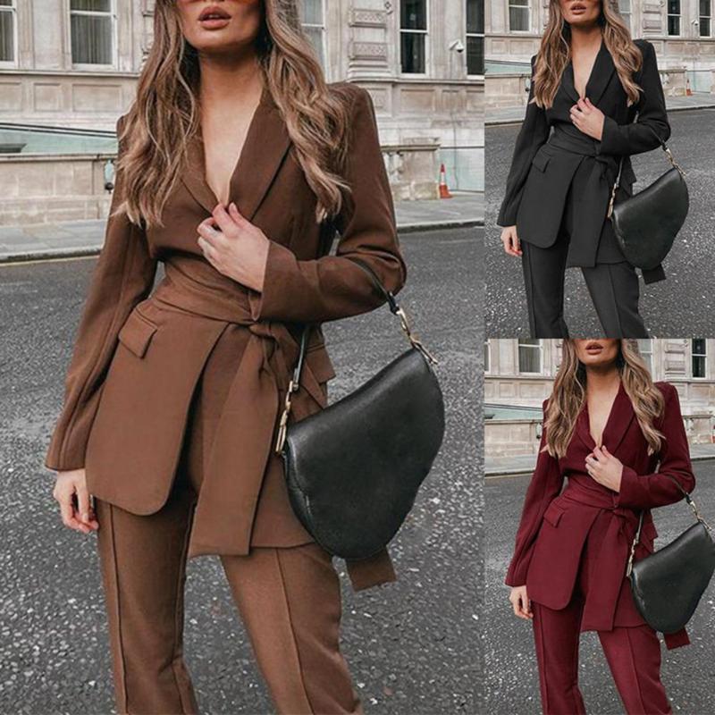 

Women' Two Piece Pants 2 Pcs/Set Women Suit Solid Color Belt Turn-down Collar Warm Autumn Coat Set For Work, Khaki