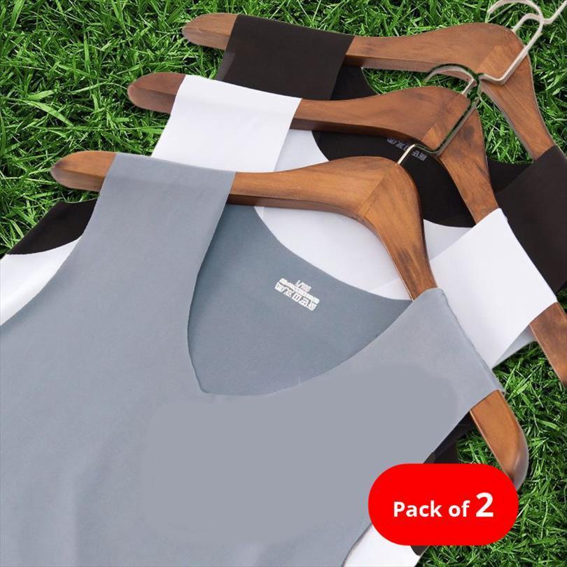 

pack of 2 summer mens ultra thin ice silk touch tank elasticity underwear bodybuilding sleeveless vest, White;black