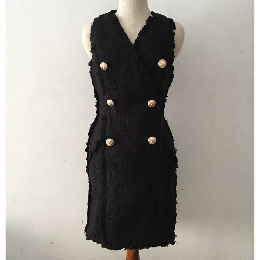 

HIGH QUALITY est Fashion Runway Designer Dress Women's Sleeveless Lion Buttons Fringe Tassel Tweed Tank 210526, Blue