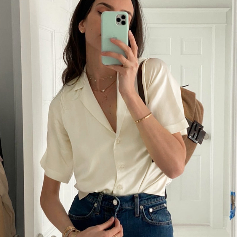 

silk elegant soft blouse notched collar satin tops short sleeve summer office lady button tops 2021 fashion blouse, White