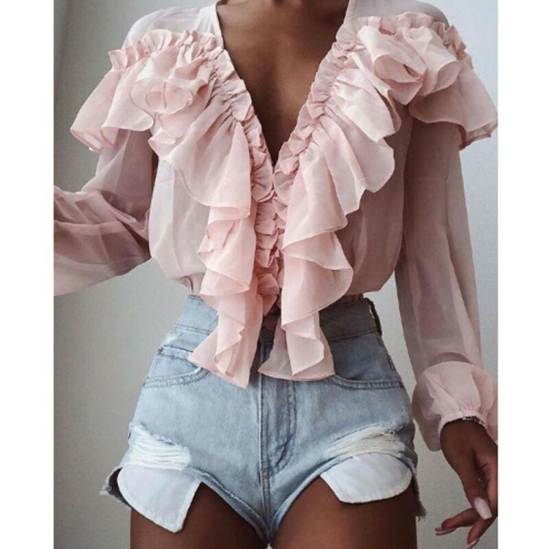 

Women's Blouses & Shirts Women See-through Chiffon Ladies Solid Color Ruffles V-Neck Ruffle Trim Blouse Casual Long Sleeve Loose Tops S-XL, White