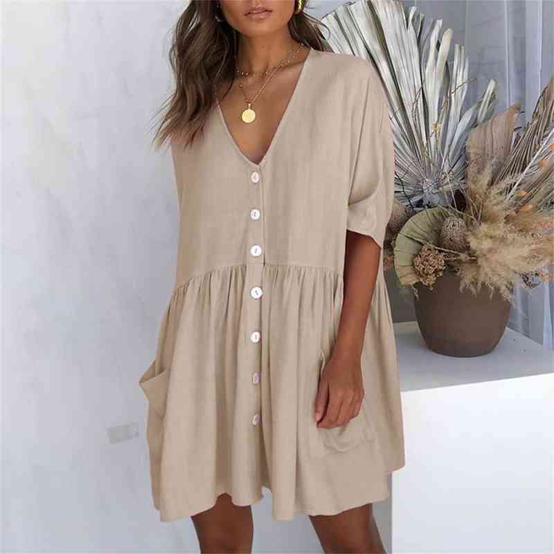 

loose high waist draped half women dresses sleeve mini casual single breasted pocket ladies summer vestidos, Black;gray