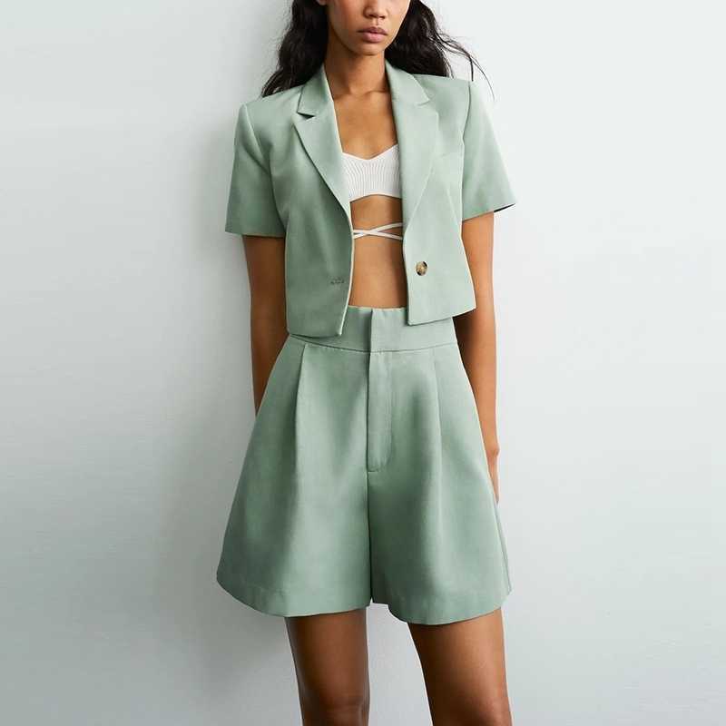 

Women Casual Linen Shorts Sets Summer Two Piece Blazer Shirt and Outfits Cotton Wide Leg Crop Top 210525