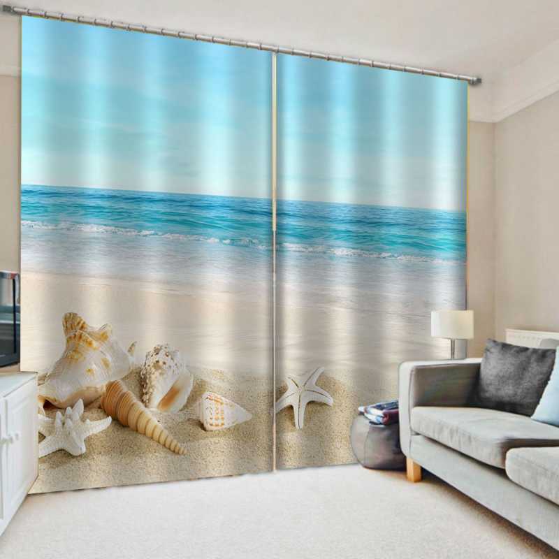 

Curtain & Drapes Luxury Blackout 3D Window For Living Room Blue Beach Curtains Soundproof Windproof