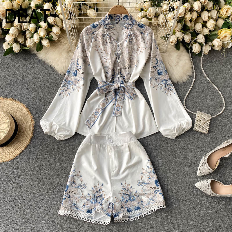 

Women Shorts Arrivals Printing Big Size Stand Collar Puff Sleeve Two Piece Set Fashion Spring Summer 11D68 210525, White