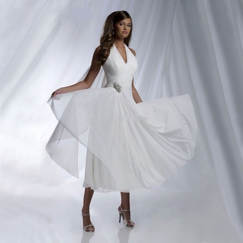 

2021 New Summer Beach Wedding Es Sexy Halter Tea Length Chiffon Pleated Cheap Bridal Gowns Robe De Mariage Izou, White