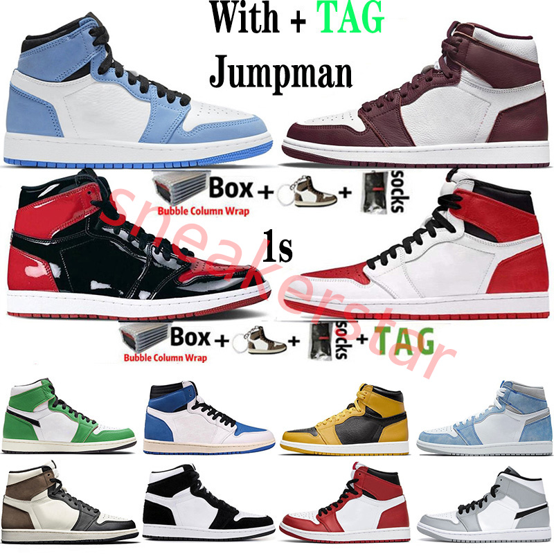 

With Box Jumpman 1 OG 1s Mens Basketball Shoes Heritage Bordeaux Bred Patent Hyper Royal University Blue Obsidian UNC Twist Dark Mocha Women Sneakers Trainers