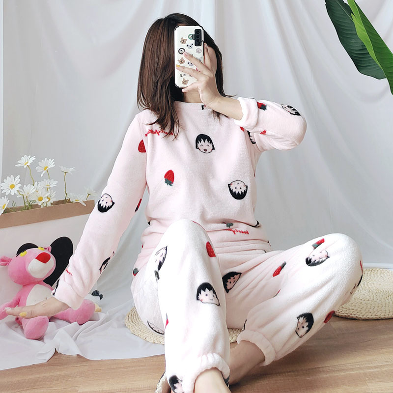 2021 Japanese Style New Autumn and Winter Thickening Ladies Pajamas Suit Flannel Warm Cute Cartoon Veet Long-sleeved Trousers Women Qpz9-image-660412504