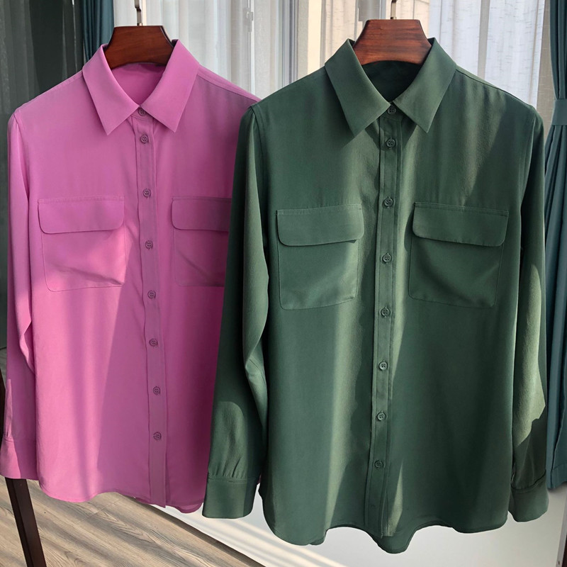 

2021 New Feminino Turn-down Colarinho Blusa 100% Seda Cor Slida Simples Escritrio Senhora Manga Longa Bolsos Duplos Camisa Feminina Dxwp, Black