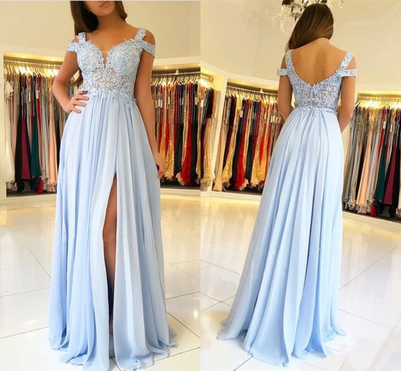 

2021 New Sky Blue Evening e Long Side Split Off Shoulder Lace Appliques Prom Party Gowns Wedding Guest Maid of Honor Es Twzy, Black